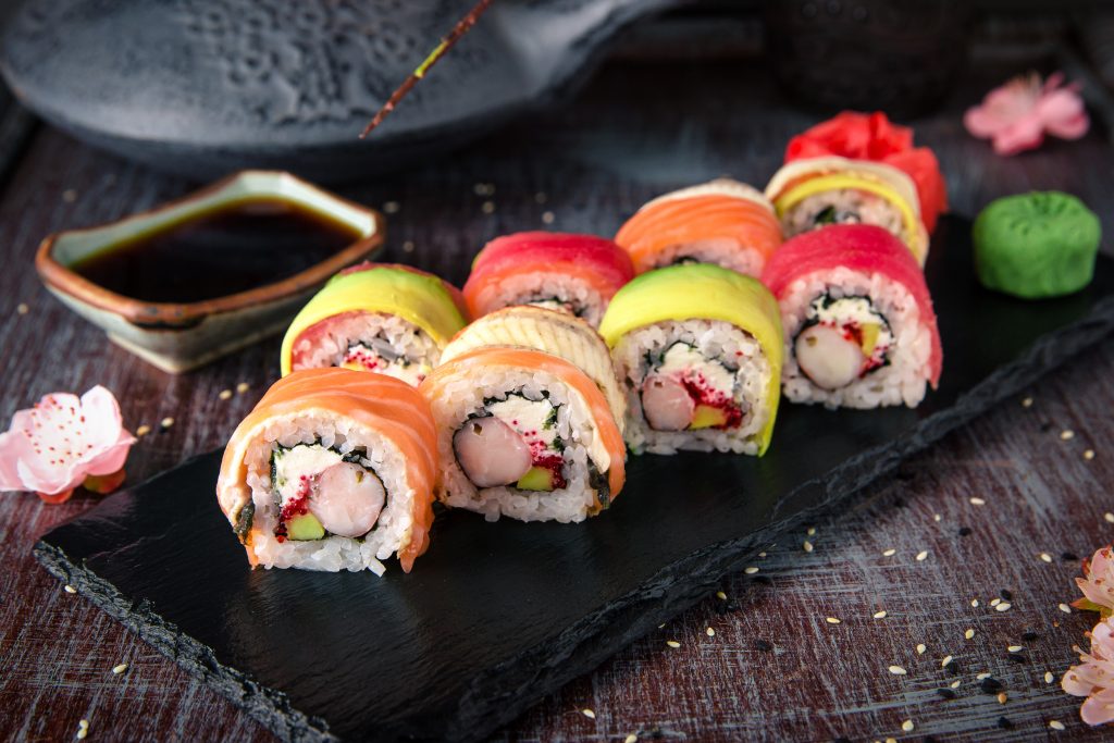 colorful pieces of sushi that you can eat while dining in Galveston