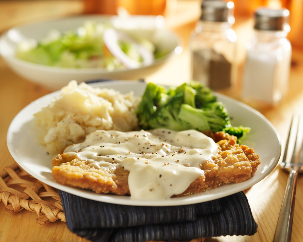 chicken fried steak with mashed potatoes, and gravy