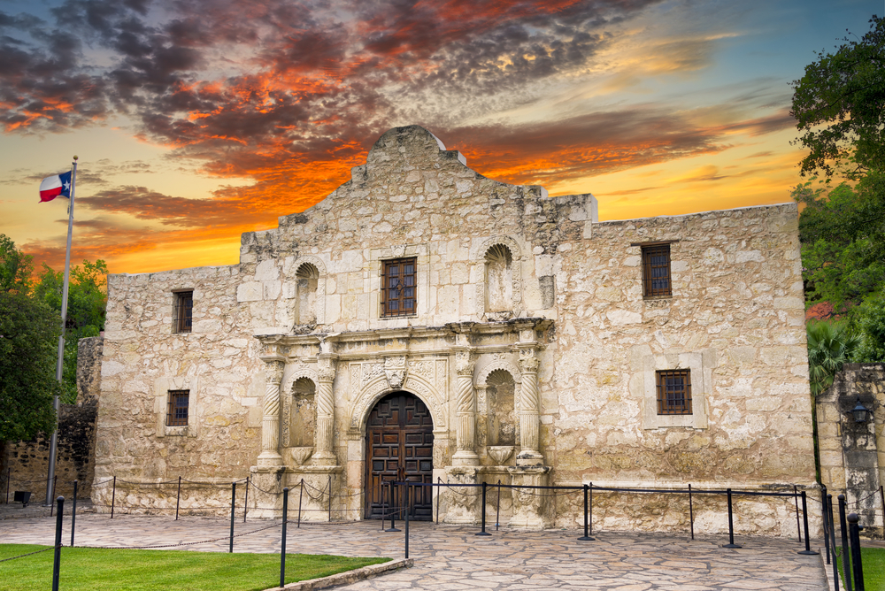 Exterior view of the Alamo after sunrise
