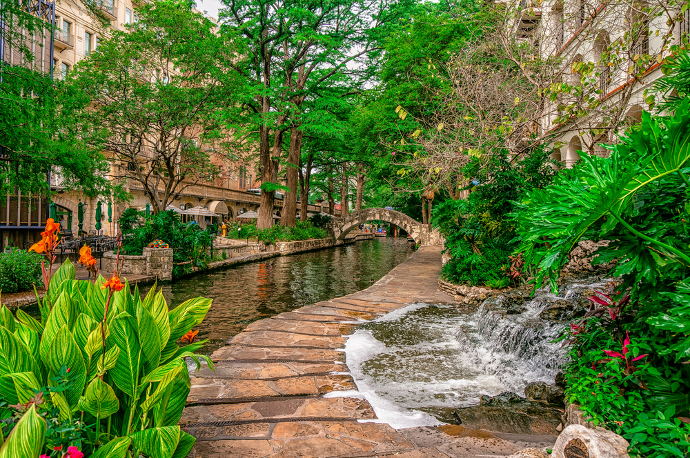 The beautiful lush Riverwalk with greenery and a small waterfall