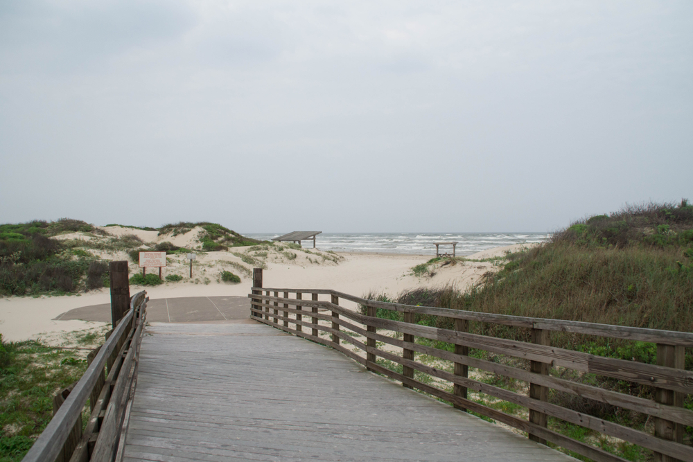 Boardwalk leading to a sandy beach
