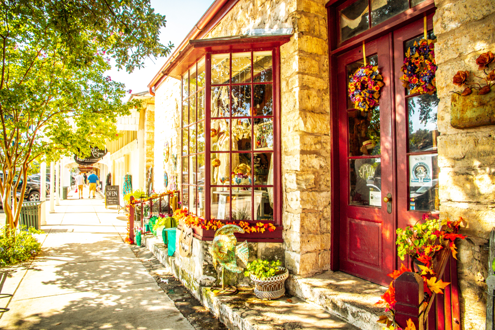 The Main Street in Frederiksburg with beautiful buildings and flowers