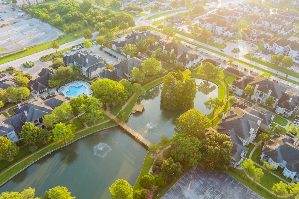 Aerial view of a city with trees best breakfast in houston