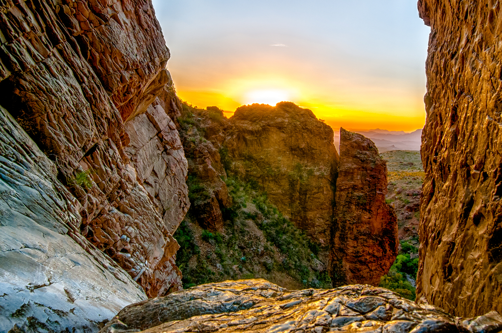 gorgeous view of mountains and green foliage at Big Bend National Park, Texas at sunset