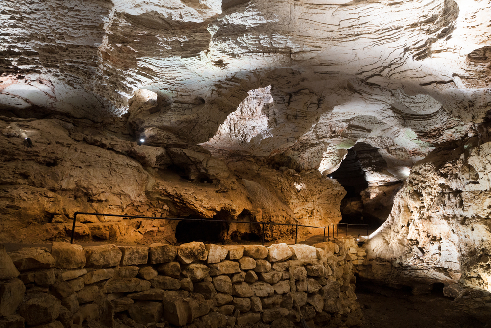 The inside of Longhorn Cavern State Park with cool rock formations.