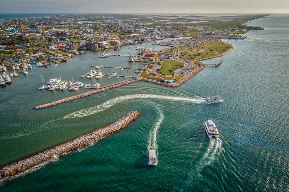 Aerial view of the harbor and boats in Port Aransas.