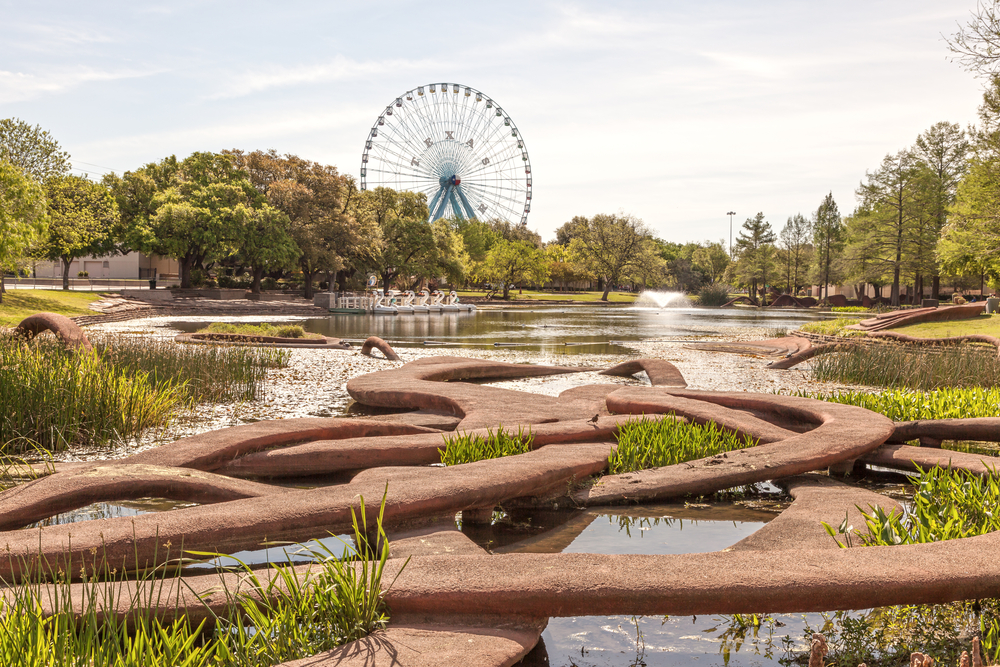 Fair Park, Dallas Ferris wheel in the distance with water in the foreground