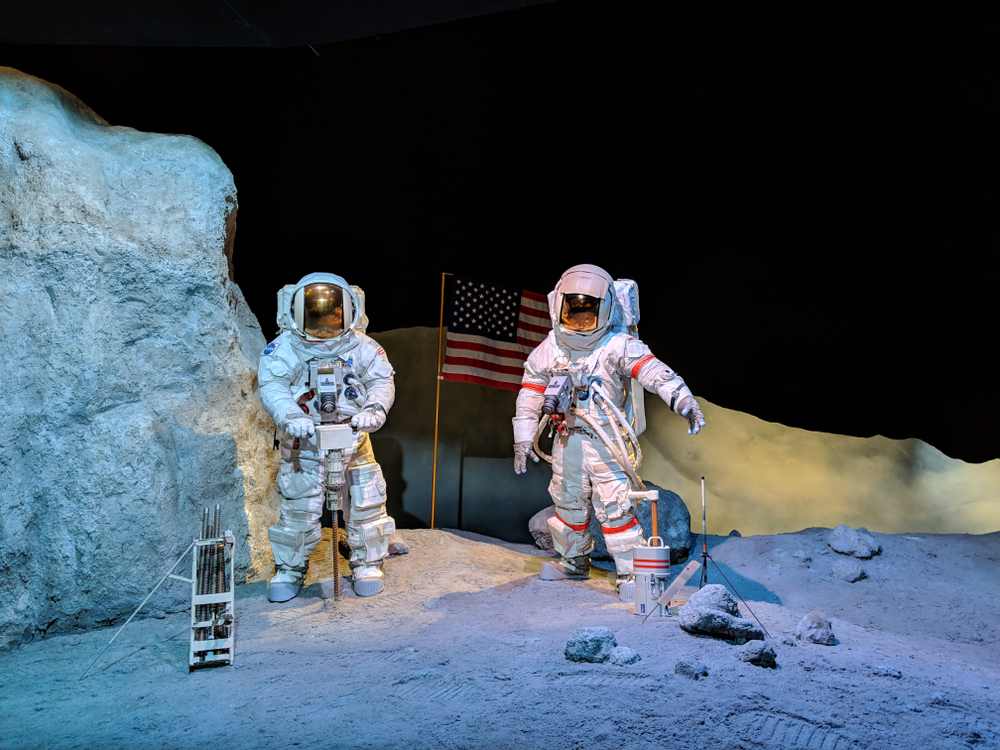 Moon display with astronauts at Space Center Houston Astronauts