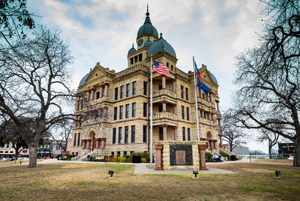 Side view of Denton County courthouse on the square in downtown Denton, a castle in Texas.