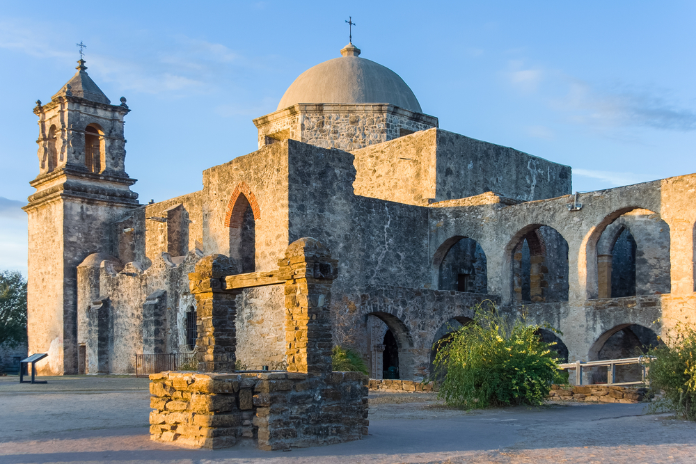 old stone castle in Texas, San Jose Mission in San Antonio at sunset