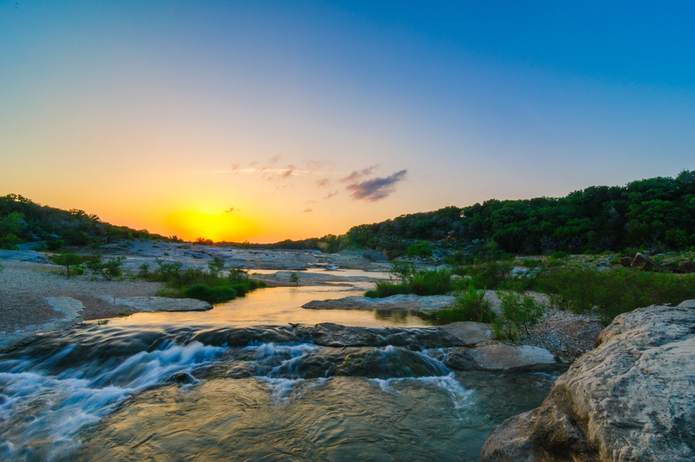 Sunset Over The Pedernales River Waterfall At Pedernales State Park