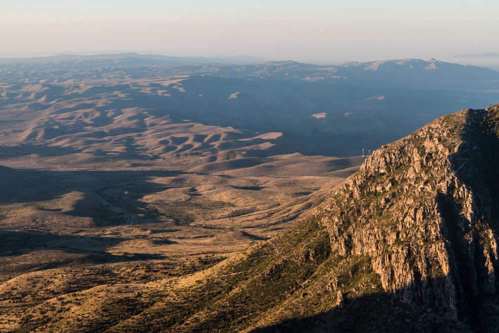 Looking down at the desert landscape from a peak in Guadalupe Mountains National Park