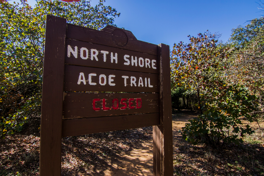 A wood sign on a sunny day along a trail that says North Shore Acoe Trail Closed