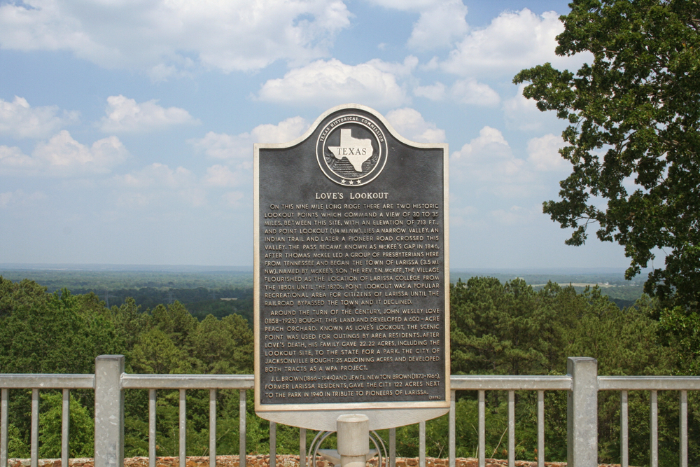 A plaque and metal railing overlooking the tops of hundreds of tree at Love's Lookout in East Texas.