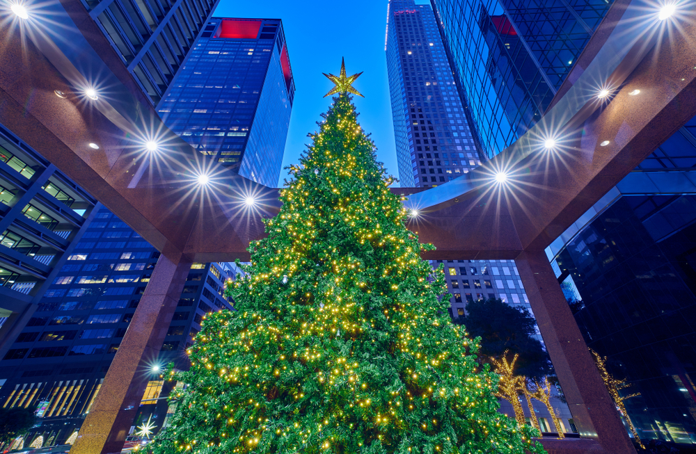 A grand christmas tree in downtown Houston.