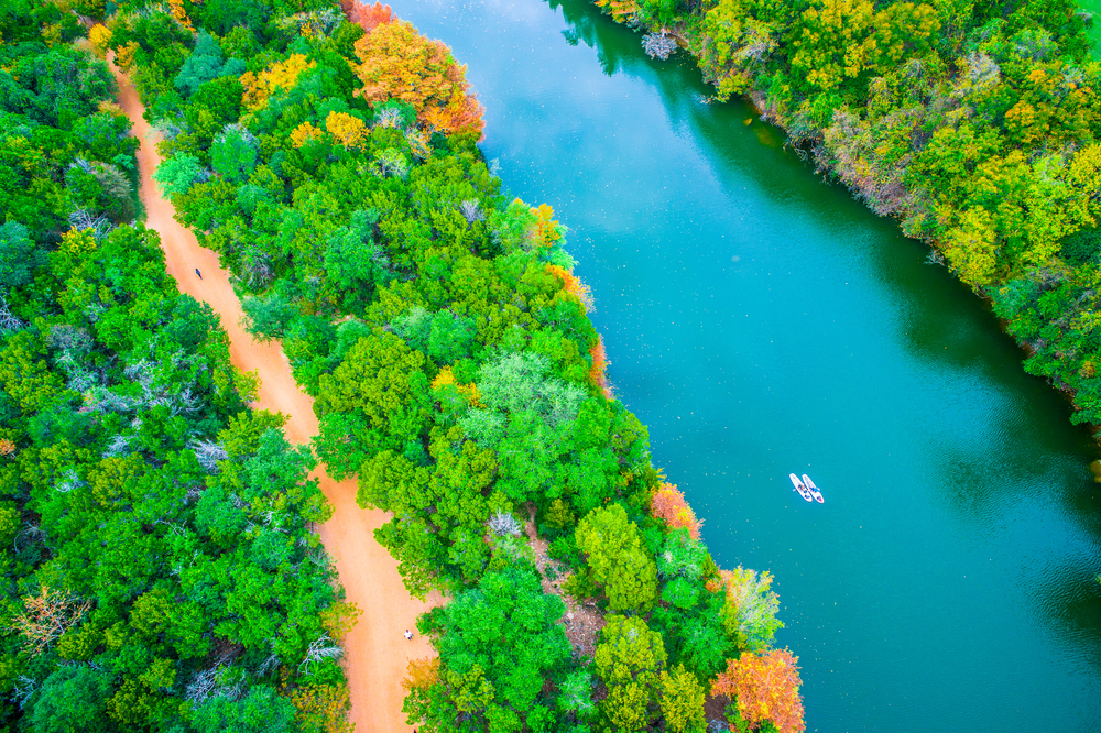 Kayaking in Texas off of Red Bud Isle hiking trails seen from above