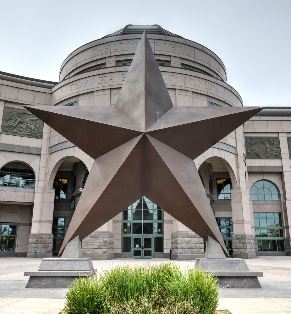 The Texas Star on display at the front of the texas state history museum