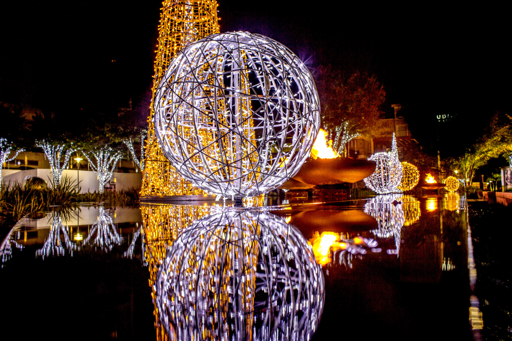 The lights of downtown Houston glow at night during Christmas.