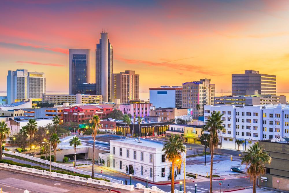 skyline several white buildings and palm trees of one of the best cities in Texas, Corpus Christi at sunset