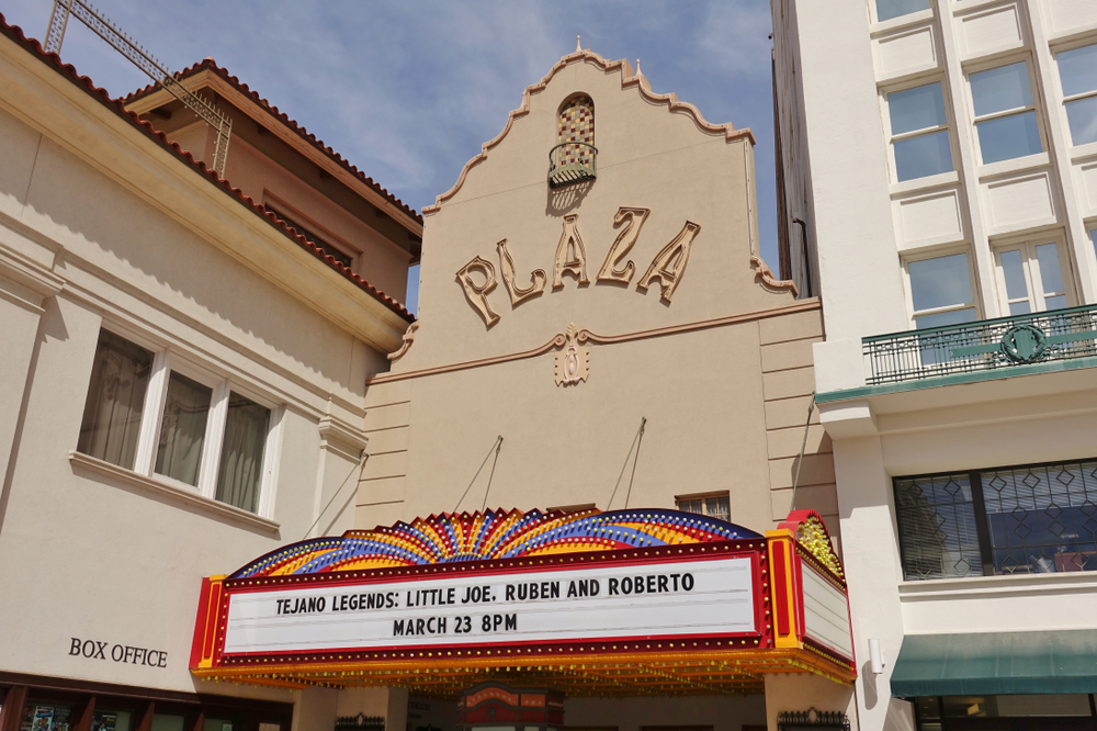 The sign and marquee for the Plaza Theatre,
