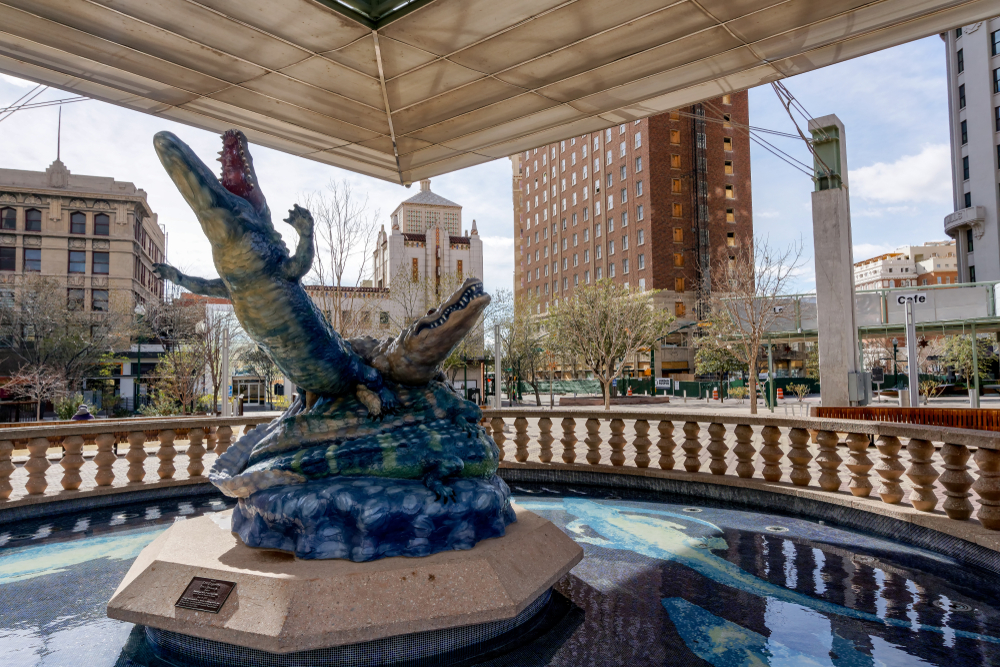 The alligator statue in San Jacinto Plaza in downtown El Paso.