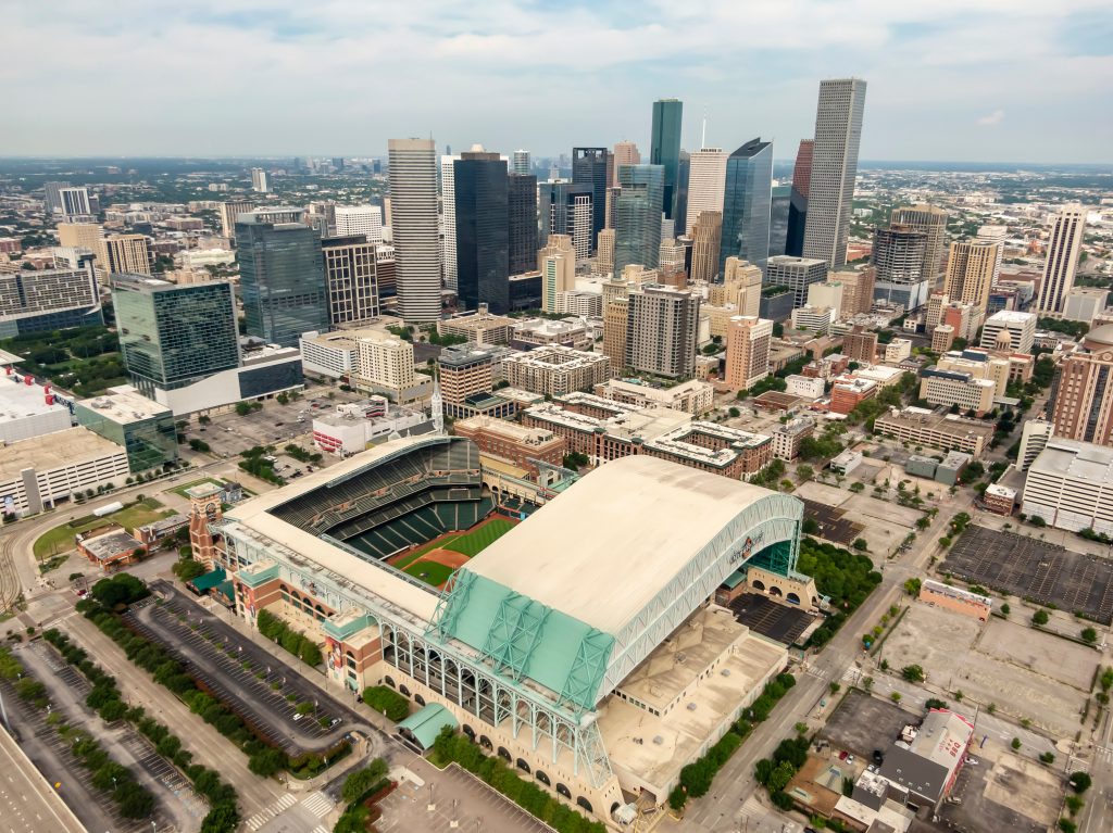 Arial view of one of the best Houston attractions, Minute Maid Park and the Houston downtown.