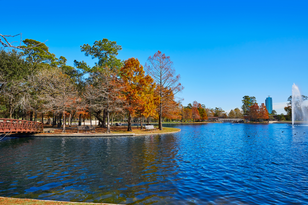 orange and yellow tree surrounding McGovern Lake with blue skies and fountain