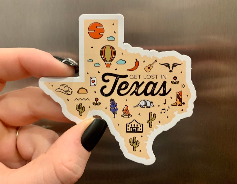 Texas shaped magnet with get lost in Texas written on it texas gifts