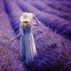 A woman in a lavender dress with a white sun hat walking through fields of lavender. Its similar to lavender fields in Texas.