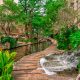 The beautiful lush Riverwalk with greenery and a small waterfall