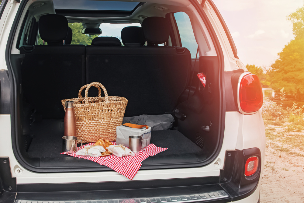 A photo of a picnic lunch in the back of a car