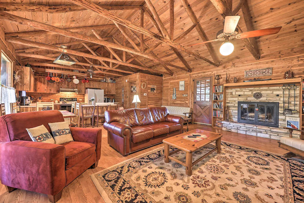 Photo of the living space in the Rustic Canyon Lake Cabin. 