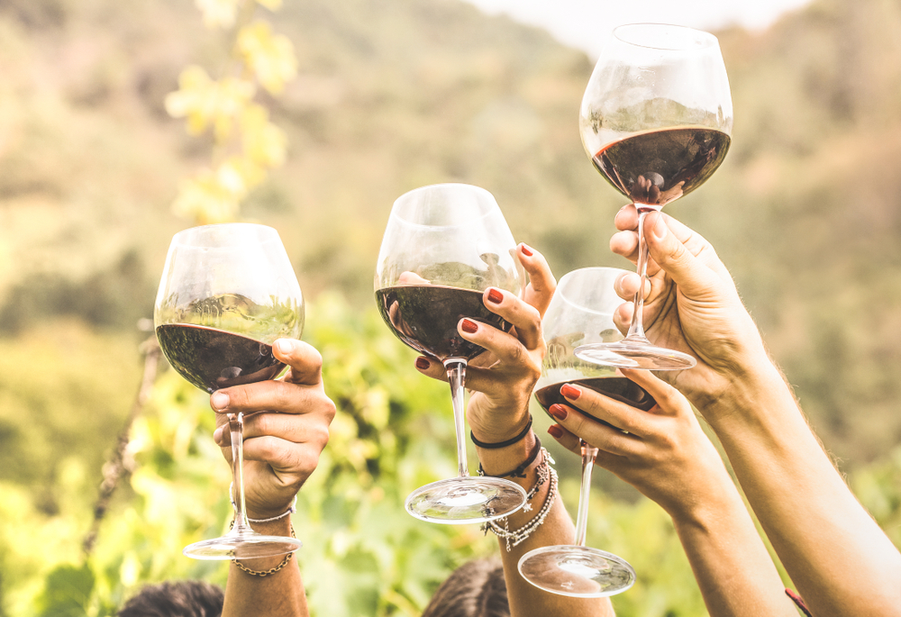 A couple of friends hold up glasses of wines, cheering, at a tasting at one of the Wineries in Texas. 