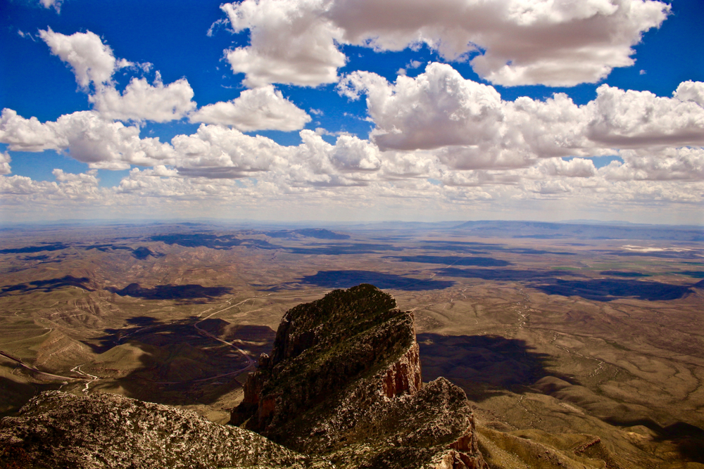 This photo shows one of the best views from the mountains in Texas: at the top guadalupe peak you can look down at the brown terrain of the desert. 