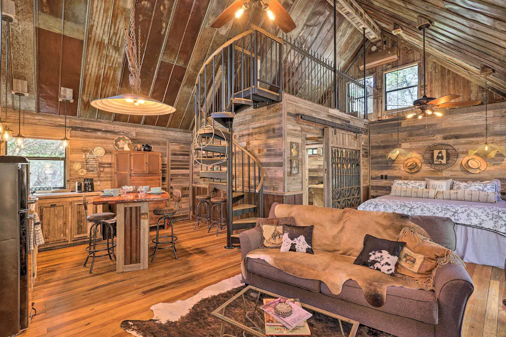 interiors of a wooden cabin romantic getaways in texas