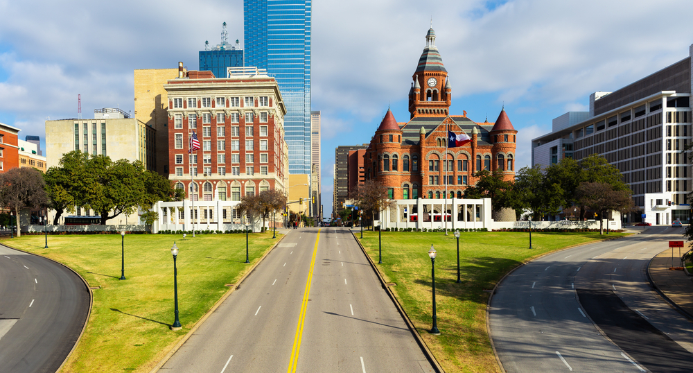 Looking down the road towards Dealey Plaza on a sunny day during a weekend in Dallas. 