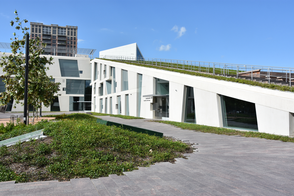 The exterior of one of the modern architectural buildings at the Houston Museum of Fine Art