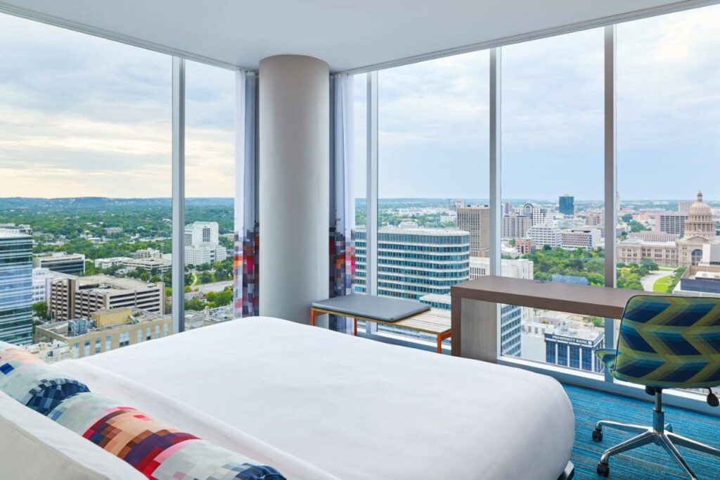 The aloft is a fantastic place of where to stay in Austin: the giant windows make up all the walls and really show off the city. 