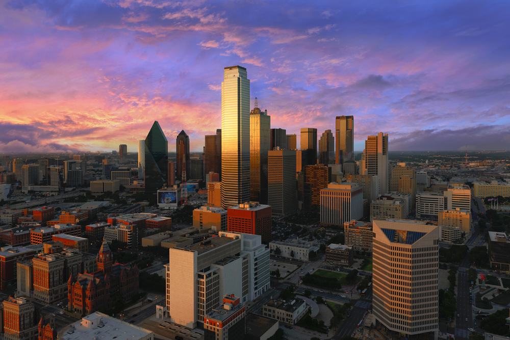 Photo of the view of the Dallas skyline from the GeO Deck at Reunion Tower.