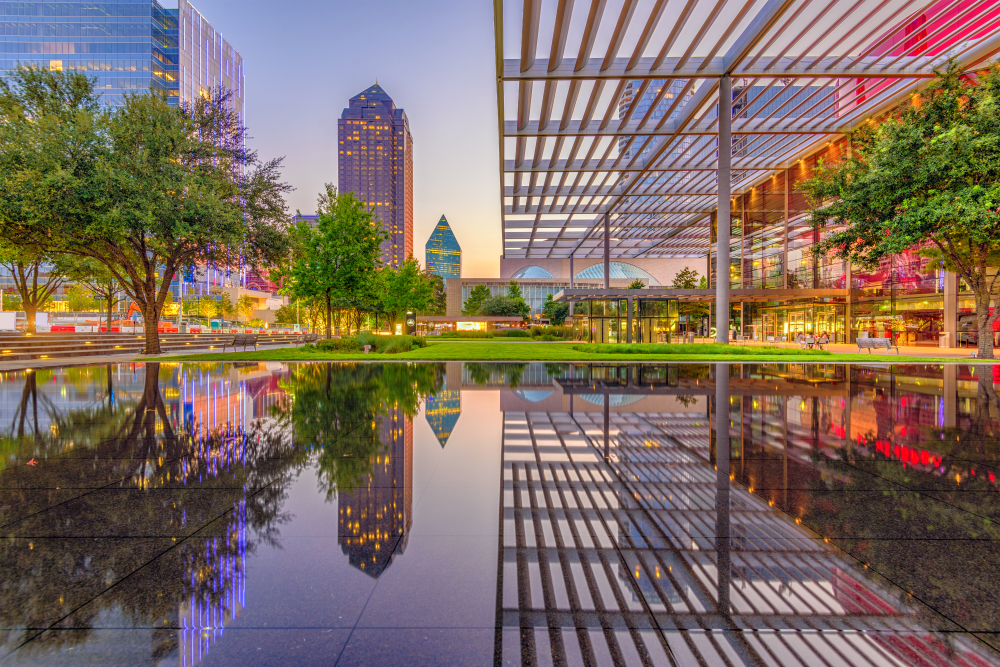 Photo of a reflection pool in the Dallas Art District.